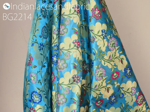 Blue Indian Brocade Silk Fabric By The Yard Banarasi Bridal Wedding Dress Material Crafting Sewing Home Décor Upholstery Drapery Cushions
