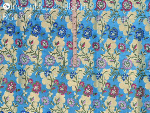 Blue Indian Brocade Silk Fabric By The Yard Banarasi Bridal Wedding Dress Material Crafting Sewing Home Décor Upholstery Drapery Cushions