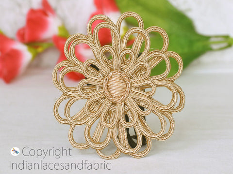 Gold 3D Zardozi Flower Appliques Leaf Patches Appliques, Christmas applique, Applique for dress, Headband Applique, applique designs, Handcrafted Appliques, Scrap booking Appliques