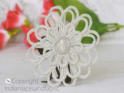 3D Indian Zardozi Handmade Patches Silver Zardozi Patches, Handcrafted Appliques Beaded Appliques, Sew on Denim Jackets