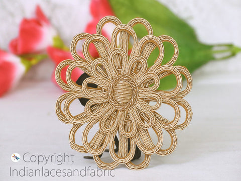 Gold 3D Zardozi  Flower Decorative Handmade Patches Lotus Embroidered Indian Sewing Thread Dresses Handcrafted Patches