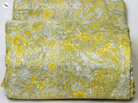 Yellow, Grey and Green Floral Print Silk Fabric, Printed Fabric, Outdoor Fabric, Pure Printed Silk, Pure Silk For Wall Décor, Unstitched Printed Silk