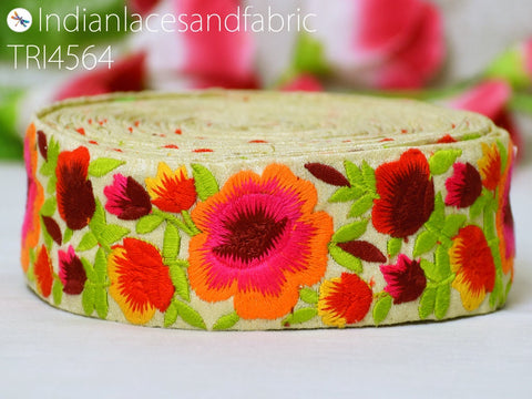 3 Yard Orange Floral Saree Decorative Embroidered Border Indian Dresses Making Laces Sewing Crafting Ribbon Beach Bags Decor Trimmings 5 CM