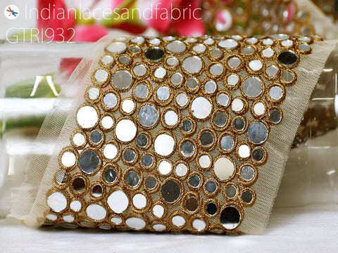 Costumes Real Mirror Trim by the Yard | 4.5 inch Decorative Trimmings Dress Bridal Belt Indian Laces Sewing Crafting Saree Border Exclusive