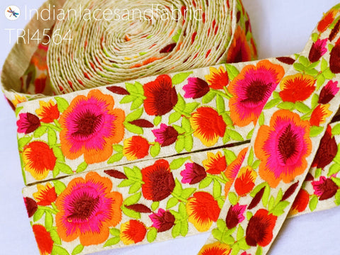 3 Yard Orange Floral Saree Decorative Embroidered Border Indian Dresses Making Laces Sewing Crafting Ribbon Beach Bags Decor Trimmings 5 CM