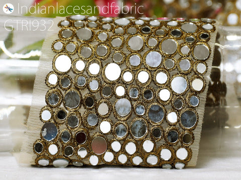 Costumes Real Mirror Trim by the Yard | 4.5 inch Decorative Trimmings Dress Bridal Belt Indian Laces Sewing Crafting Saree Border Exclusive