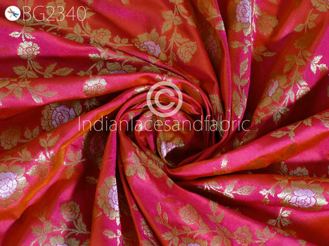 Iridescent Magenta Orange Brocade Fabric, Hair Crafting Fabric, Brocade For Drapes, Clothing Fabric, Traditional Brocade, Blended Silk