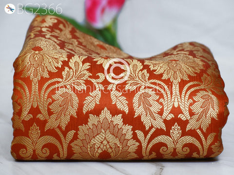 Burnt Orange Brocade by the Yard Fabric Banarasi Blended Silk Wedding Dresses Crafting Sewing Cushion Cover Home Décor Furnishing Costume
