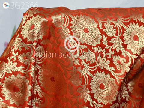 Burnt Orange Brocade by the Yard Fabric Banarasi Blended Silk Wedding Dresses Crafting Sewing Cushion Cover Home Décor Furnishing Costume