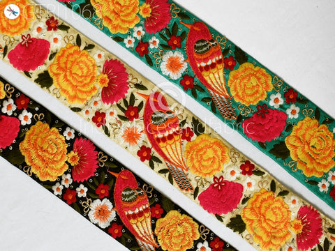 9 Yard Embroidered 7cm Bird Fabric Trim Indian Ribbon Sari Border Saree Trimming Sewing Dress Cushions Embroidery Crafting Laces Home Decor