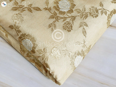 Indian Beige Brocade by the Yard Banarasi Wedding Dresses Costumes Material Sewing Lehenga Skirts Men Vests Jackets Curtains Upholstery