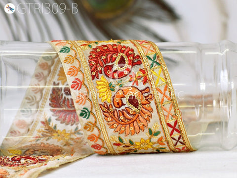 3 Yard Peacock Embroidered Sari Ribbon Fabric 9 CM Trim Saree Border Dolls DIY Crafting Sewing Beach Bags Home Decor Embellishment Trimmings