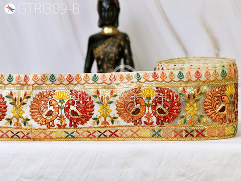 3 Yard Peacock Embroidered Sari Ribbon Fabric 9 CM Trim Saree Border Dolls DIY Crafting Sewing Beach Bags Home Decor Embellishment Trimmings