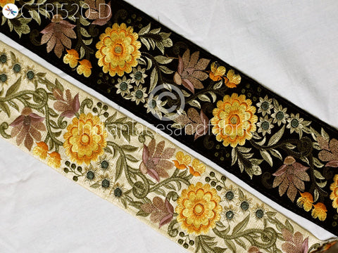 3 Yard Yellow 9 CM Decorative Silk Embroidered Ribbon Indian Sari Border Fabric Trims Sewing Crafting Ribbon Table Runner curtain Trimmings