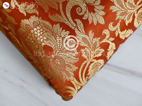 Burnt Orange Brocade by the Yard Fabric Banarasi Blended Silk Wedding Dresses Crafting Sewing Cushion Cover Home Décor Furnishing Costume