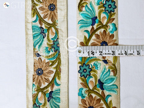 3 Yard Blue Embroidered Fabric 8 Cm Trim Floral Indian Sari Border DIY Crafting Saree Sewing Decorative Beach Bag Cushions Ribbons