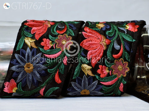 9 Yard Blue Indian Sari 8cm Border DIY Crafting Saree Trimmings Floral Sewing Decorative Beach Bag Cushions Ribbons Embroidered Fabric Trim