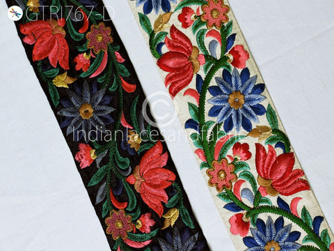 9 Yard Blue Indian Sari 8cm Border DIY Crafting Saree Trimmings Floral Sewing Decorative Beach Bag Cushions Ribbons Embroidered Fabric Trim