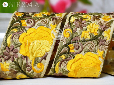 9 Yard Indian Yellow 8CM Embroidered Trim Decorative Floral Ribbon Embellishment Sewing Indian Sari Border Home Decor DIY Headband Crafting