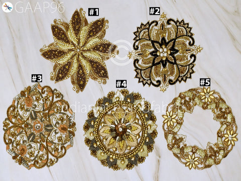 Mandala Gold Beaded Patches Applique Handmade Embroidered Floral Sequin Applique Women Dress Sewing Patches, Zardozi Patches