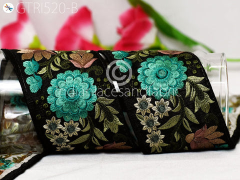 9 Yard Green 8CM Indian Embroidered Trim Saree Crafting Ribbon Wedding Sari Border Sewing Quilting Decorative Curtains Floral Trimming