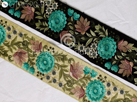 9 Yard Green 8CM Indian Embroidered Trim Saree Crafting Ribbon Wedding Sari Border Sewing Quilting Decorative Curtains Floral Trimming
