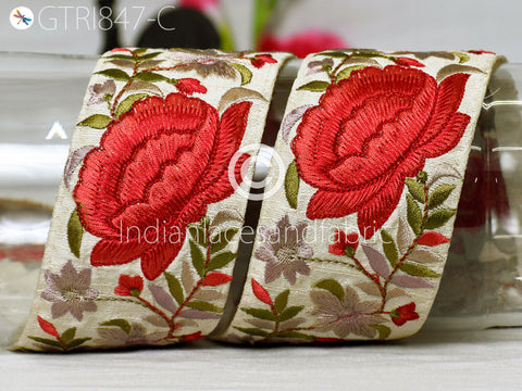 9 Yard Red Floral 65MM Embroidered Fabric Trim Decor Saree Border Crafting Sewing Sari Ribbon Beach Bags Home Decor Embellishments Drapery