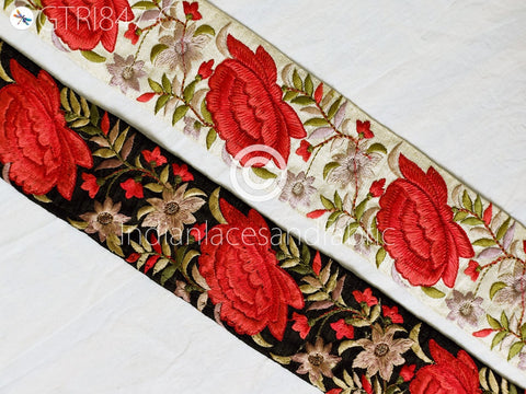 9 Yard Red Floral 65MM Embroidered Fabric Trim Decor Saree Border Crafting Sewing Sari Ribbon Beach Bags Home Decor Embellishments Drapery