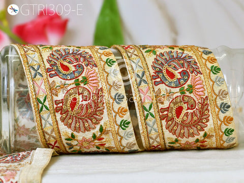 3 Yard Brown Peacock Embroidered Fabric 9 CM Trim Saree Border DIY Crafting Sari Ribbon Sewing Beach Bags Home Decor Embellishment Trimmings