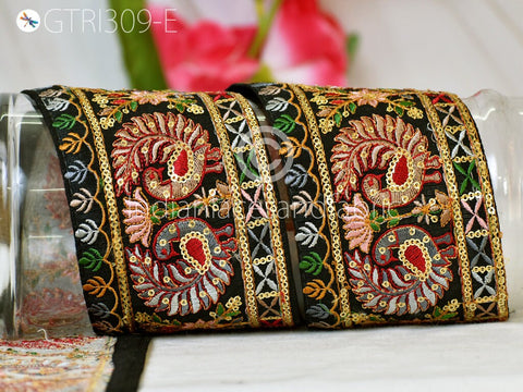 3 Yard Brown Peacock Embroidered Fabric 9 CM Trim Saree Border DIY Crafting Sari Ribbon Sewing Beach Bags Home Decor Embellishment Trimmings