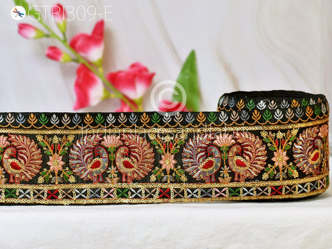 3 Yard Brown Peacock Embroidered Fabric 9 CM Trim Saree Border DIY Crafting Sari Ribbon Sewing Beach Bags Home Decor Embellishment Trimmings