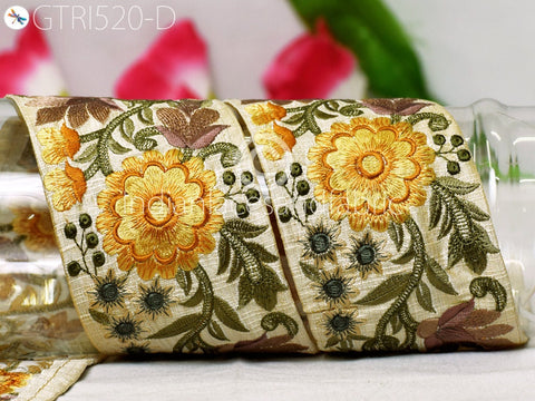 3 Yard Yellow 9 CM Decorative Silk Embroidered Ribbon Indian Sari Border Fabric Trims Sewing Crafting Ribbon Table Runner curtain Trimmings