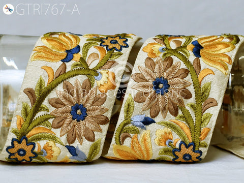 3 Yard Yellow Embroidered Fabric 8 Cm Trim Floral Indian Sari Border Crafting Saree Sewing Decorative Beach Bag Cushions Trimmings Ribbons