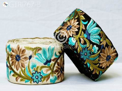 3 Yard Blue Embroidered Fabric 8 Cm Trim Floral Indian Sari Border DIY Crafting Saree Sewing Decorative Beach Bag Cushions Ribbons