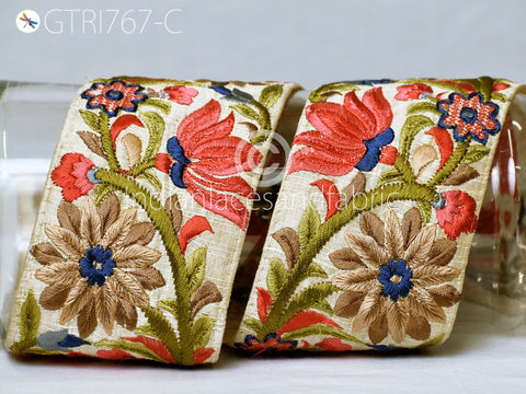 3 Yard Red Embroidered 8 Cm Fabric Trim Floral Indian Decorative Beach Bag Cushions Trimmings Sari Border DIY Crafting Saree Sewing Ribbons