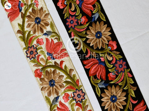 3 Yard Red Embroidered 8 Cm Fabric Trim Floral Indian Decorative Beach Bag Cushions Trimmings Sari Border DIY Crafting Saree Sewing Ribbons