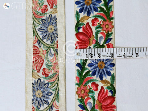 9 Yard Blue Indian Sari 8cm Border DIY Crafting Saree Trimmings Floral Sewing Decorative Beach Bag Cushions Ribbons Embroidered Fabric Trim