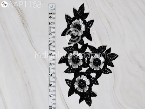 Beaded Appliques , sequins appliques, Black Sewing Accessories Dresses Applique DIY Crafting Handcrafted Appliques, Sequins Floral Design Appliques, 10 X 6.5 inches Applique