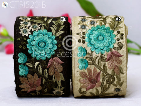 9 Yard Green 8CM Indian Embroidered Trim Saree Crafting Ribbon Wedding Sari Border Sewing Quilting Decorative Curtains Floral Trimming