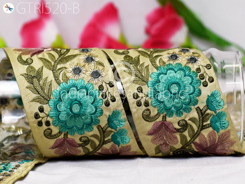9 Yard Green 8CM Indian Embroidered Trim Saree Crafting Ribbon Wedding Sari Border Sewing Quilting Decorative Curtains Floral Trimming