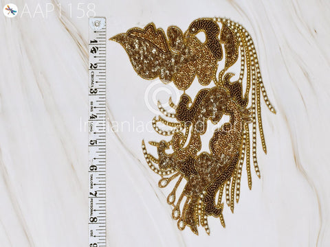 Beaded Designer Appliques in Gold Sequin Beaded Patches Dragon Sew on Denim Jackets Patch Embroidered Appliques Craft Supplies and Tools, 8.5 X6.5 Inches Appliques