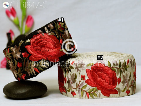9 Yard Red Floral 65MM Embroidered Fabric Trim Decor Saree Border Crafting Sewing Sari Ribbon Beach Bags Home Decor Embellishments Drapery