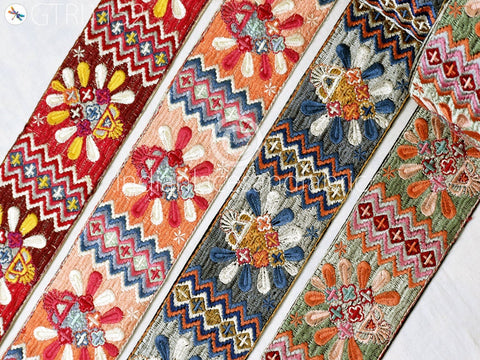 9 Yard Embroidered 7cm Ribbon Fabric Trim Indian Sari Border Saree Trimming Sewing Cushions Embroidery Crafting Laces Home Decor Costumes