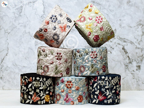 9 Yard Blue Indian 10cm Embellishment Embroidered Trim Cushion Covers Embroidery Saree Ribbon Sewing Crafting Border Wedding Trim Curtain