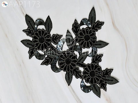 Beaded Appliques Patch, Indian Black Sewing Accessories Dresses Applique, DIY Crafting Handcrafted Appliques ,Scrapbooking Appliques