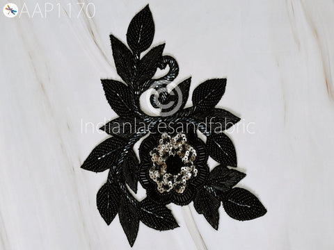 Floral Design Appliques, Handcrafted Applique, Zardozi Applique, Black Applique, Bridal Applique, Sequins Beaded Patches Appliques