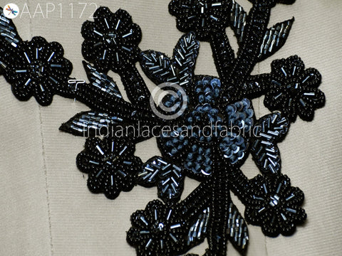 Black Beads Patches, Embroidered Applique Crafting Neckline For Dresses, Floral Patches, Sequins work Patches, Wedding Dresses Applique