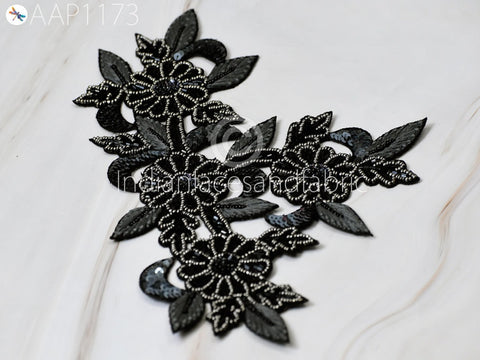 Handcrafted Beaded Patches, bridal dresses Patches, Designer Wedding Dresses neckline, Zardosi Black Patch