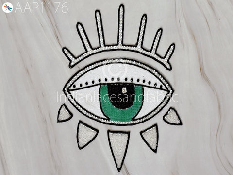 Sequine Patches Evil Eyes Patches Beaded Applique Patches Handmade Embroidered Beaded Applique , White, Black and Green Applique