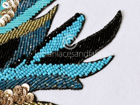 Beaded Designer Appliques in Turquoise Blue, Gold and Black Beads Appliques, Handcrafted Patch Embroidered Sew on Denim Jackets Shirts Patches